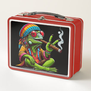 Happy Hippy Iguana Smoking Cigar Art Metal Lunch Box