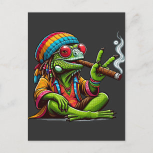Happy Hippy Iguana Smoking Cigar Art Postcard