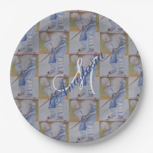 HAPPY HOCKEY PARTY MONOGRAM PAPER PLATE
