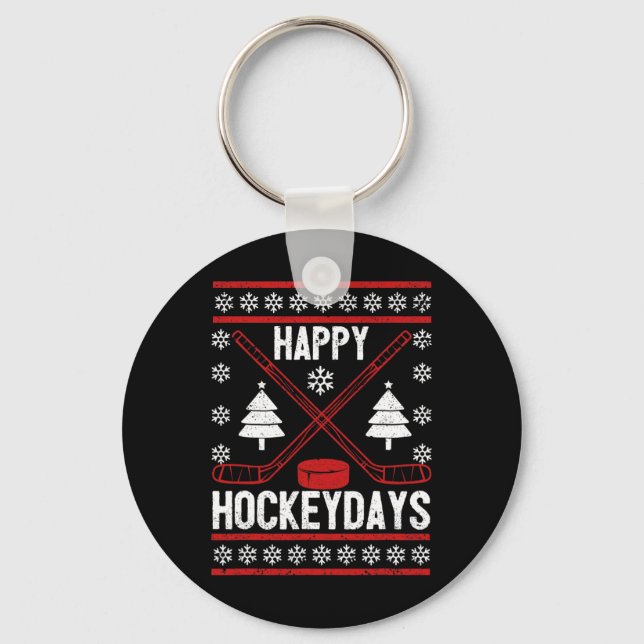 Happy Hockeydays Fun Christmas Ice Hockey Player F Key Ring (Front)