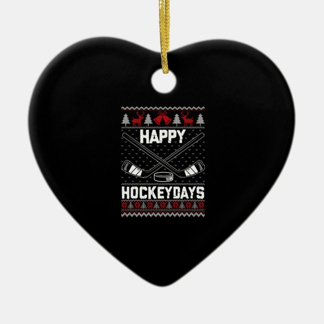 Happy Hockeydays Funny Christmas Ice Hockey Player Ceramic Tree Decoration (Front)