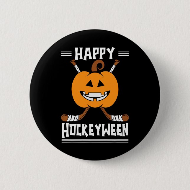 Happy Hockeyween Halloween Ice Hockey Player and H 6 Cm Round Badge (Front)