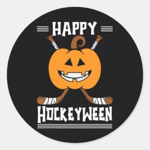 Happy Hockeyween Halloween Ice Hockey Player and H Classic Round Sticker