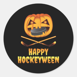 Happy Hockeyween Hockey Pumpkin Eating Puck Funny Classic Round Sticker