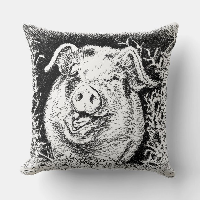 happy hog animal drawing cushion (Front)