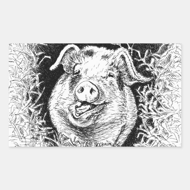 happy hog animal drawing rectangular sticker (Front)