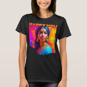 Happy Holi Beautiful Woman in Blue T-Shirt