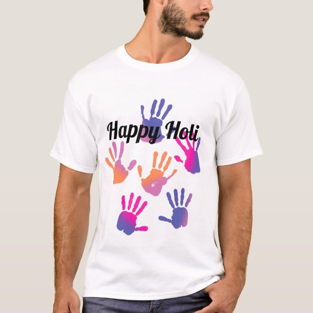 Happy Holi Colorful Handprint T-Shirt (Front)