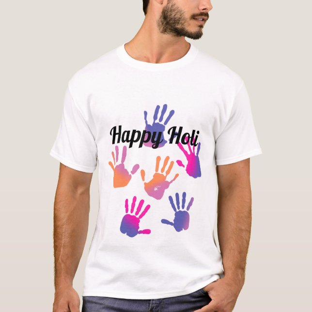 Happy Holi Colorful Handprint T-Shirt (Front)