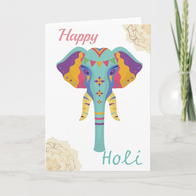 Happy Holi Colourful Elephant With Golden Mandala Card (Front)