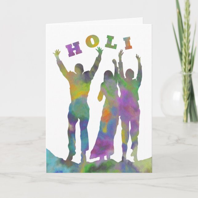 Happy Holi, Silhouettes of People and Colours Holiday Card (Front)