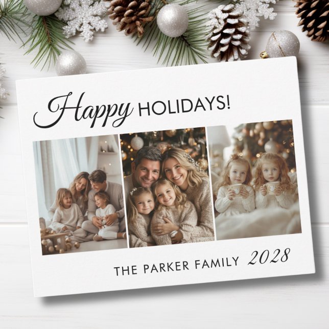 Happy Holiday! 3 Photo, White,Minimal Holiday Card (Happy Holidays! 3 Photo, White,Minimal, Modern Holiday Card)