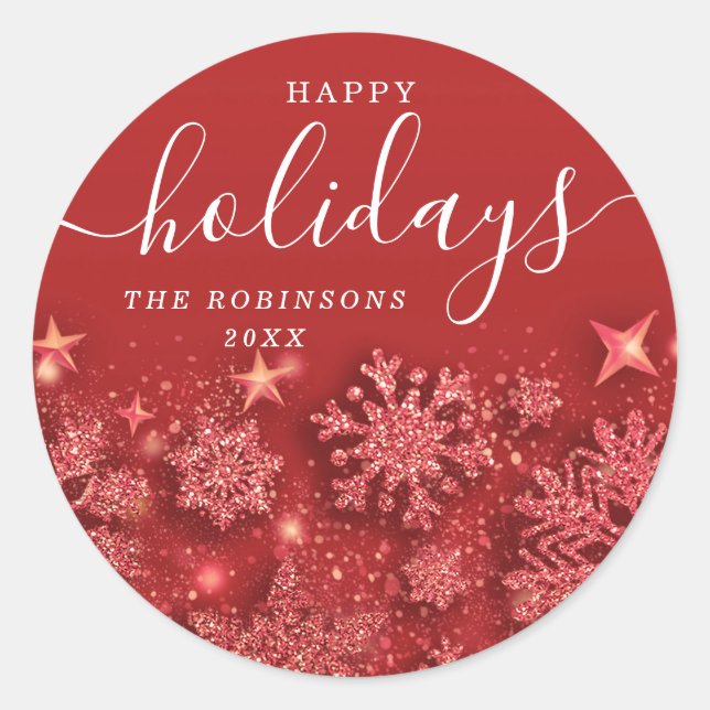 Happy Holiday Christmas Glitter Snow Red Classic Round Sticker (Front)