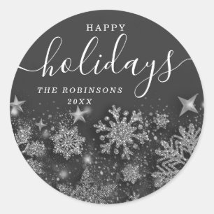 Happy Holiday Christmas Glitter Snow Silver Classic Round Sticker