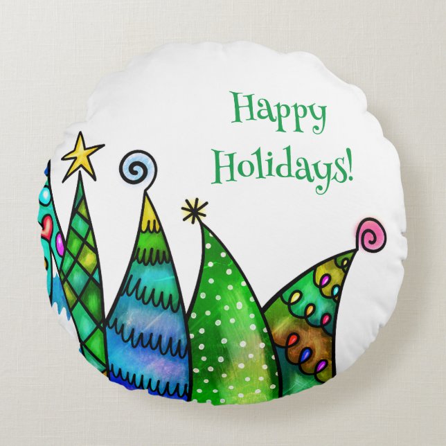 Happy Holiday Christmas Trees  Round Cushion (Front)