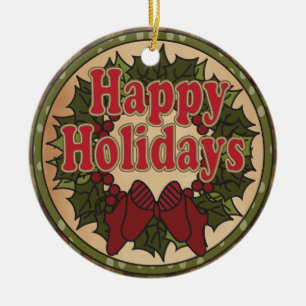 Happy Holiday Christmas Wreath Ceramic Tree Decoration