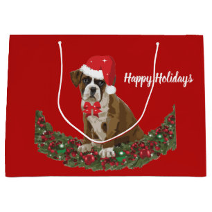Happy Holiday Dog Xmas Santa Hat Cute Festive Large Gift Bag