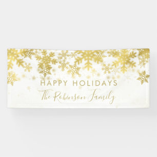 Happy Holiday Family Name Gold Winter Snowflakes Banner