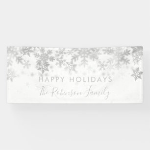 Happy Holiday Family Name Silver Winter Snowflakes Banner