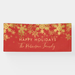 Happy Holiday Family Red & Gold Winter Snowflakes Banner
