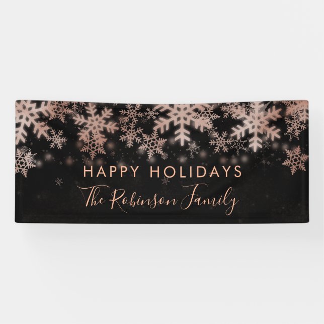 Happy Holiday Family Rose Gold Winter Snowflakes Banner (Horizontal)
