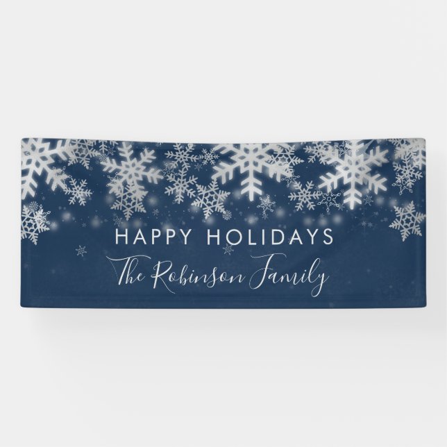 Happy Holiday Family Silver Navy Winter Snowflakes Banner (Horizontal)