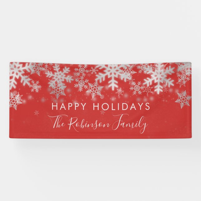 Happy Holiday Family Silver Red Winter Snowflakes Banner (Horizontal)
