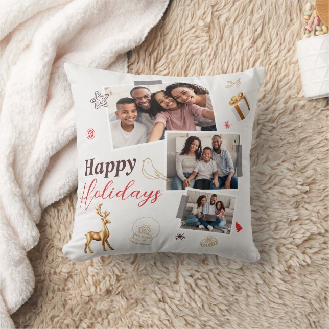 Happy Holiday Family Three Photo Collage Card Cushion (Blanket)