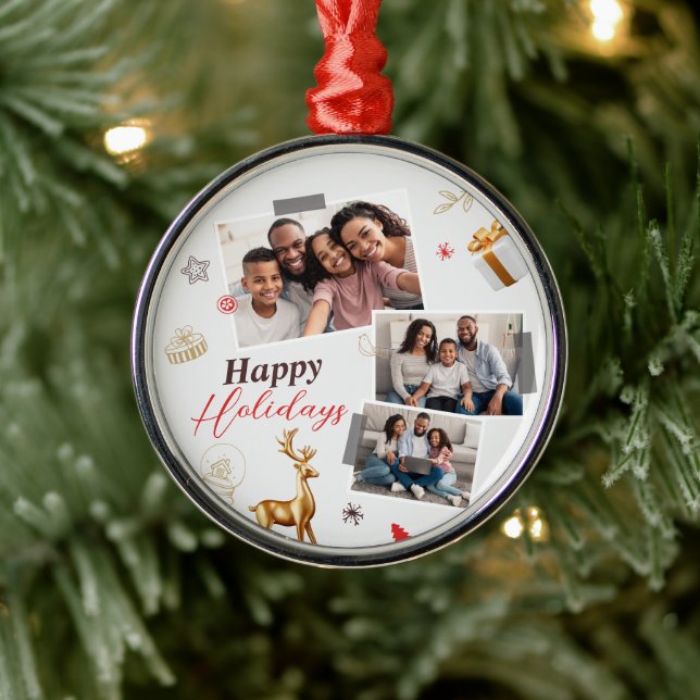 Happy Holiday Family Three Photo Collage Metal Tree Decoration (Tree)