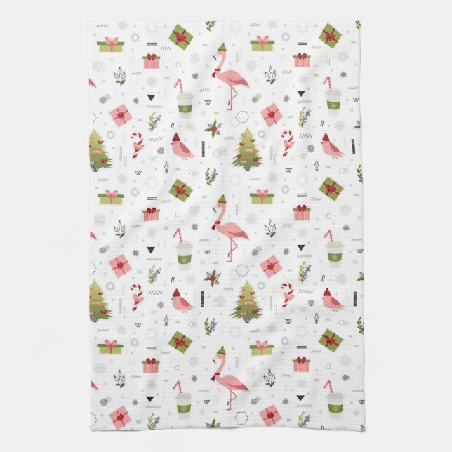 Happy Holiday Flamingo Pattern Tea Towel (Vertical)