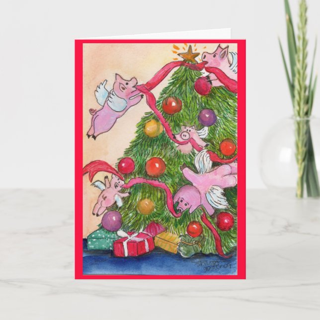 Happy Holiday Flying Pigs DecorateTree Card (Front)