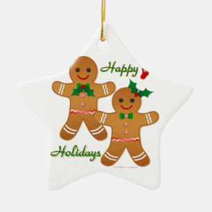 Happy Holiday Gingerbread Man Boy Girl Ceramic Tree Decoration