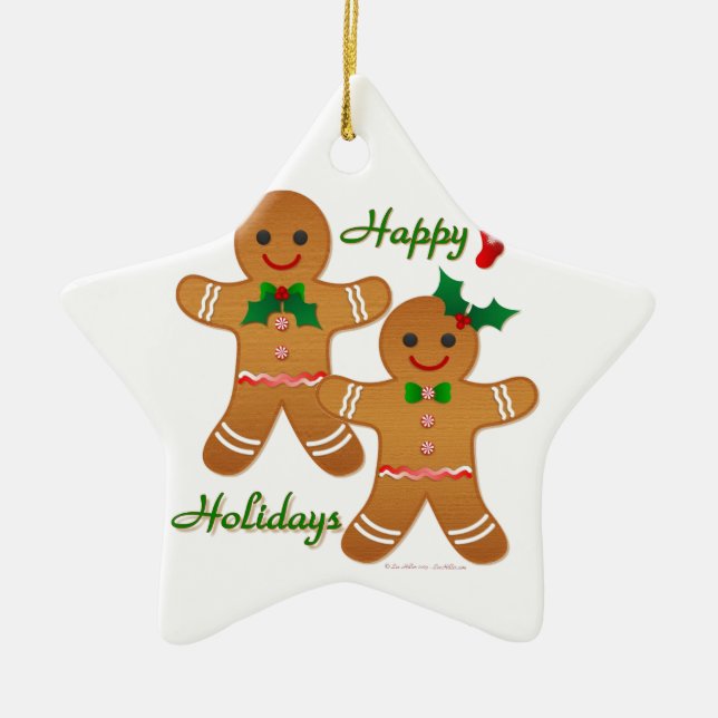 Happy Holiday Gingerbread Man Boy Girl Ceramic Tree Decoration (Front)