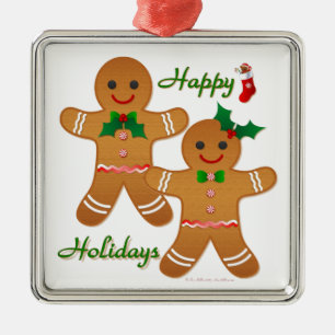 Happy Holiday Gingerbread Man Boy Girl Metal Tree Decoration