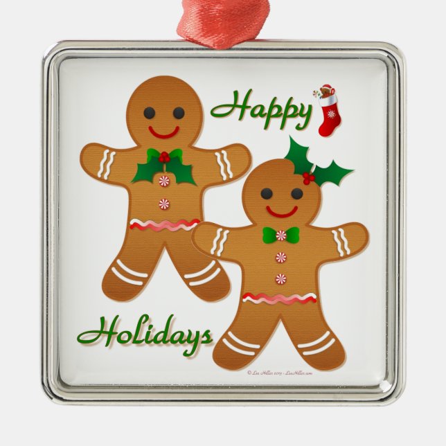 Happy Holiday Gingerbread Man Boy Girl Metal Tree Decoration (Front)