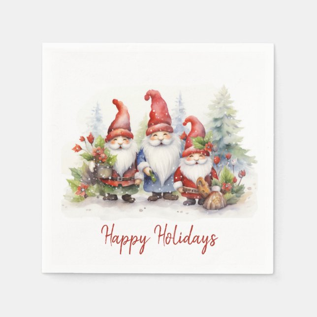 Happy Holiday Gnomes In Snowflakes Napkin (Front)