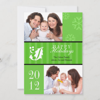 Happy Holiday green stripes holly leaf photo card