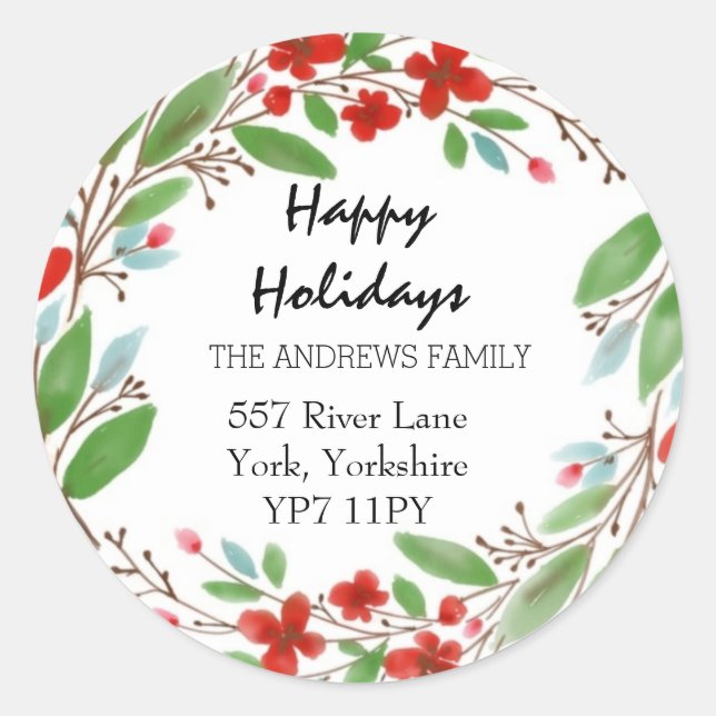 Happy Holiday Greenery Red Wreath Classic Round Sticker (Front)