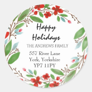 Happy Holiday Greenery Red Wreath Classic Round Sticker