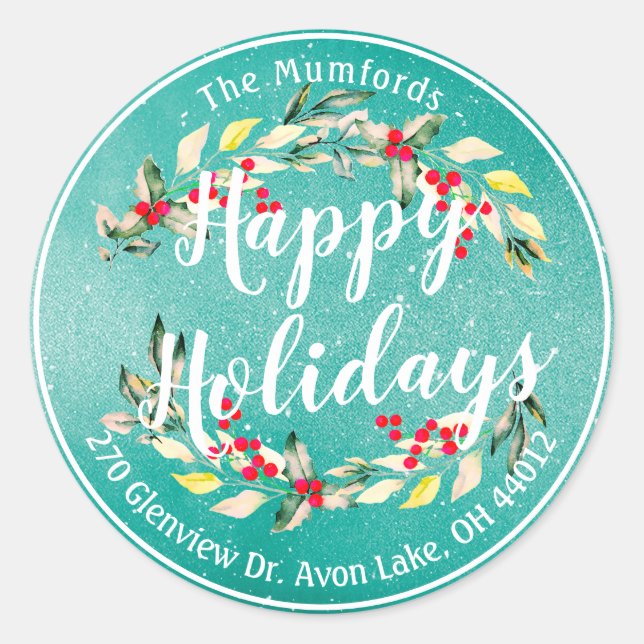 Happy Holiday Merry Christmas Holly Floral Address Classic Round Sticker (Front)