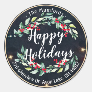 Happy Holiday Merry Christmas Holly Floral Address Classic Round Sticker