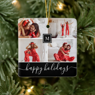Happy Holiday Modern Family Photo Collage Monogram Ceramic Ornament