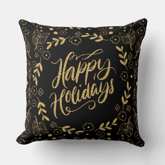 Happy Holiday Modern Typography Gold Leafs Frame Cushion (Front)