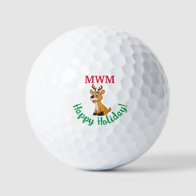 Happy Holiday Monogram Christmas Deer Golf Ball (Front)