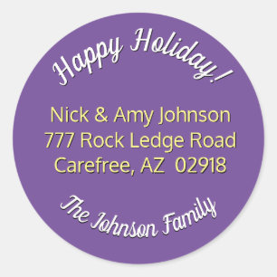 Happy Holiday, Name Address, Purple Classic Round Sticker