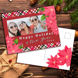 Happy Holiday New Year Poinsettia Photo Red Postcard