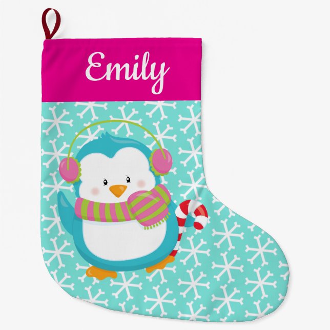 Happy Holiday Penguin Large Christmas Stocking (Front)
