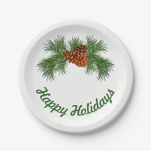 Happy Holiday - pine-cone detail Paper Plate (Front)