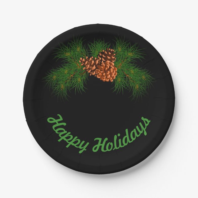 Happy Holiday - pine-cone detail Paper Plate (Front)