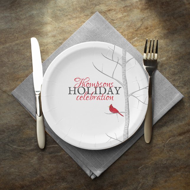 Happy Holiday Red Cardinal Personalised Paper Plate (Red cardinal custom Happy Holidays paper plate. )